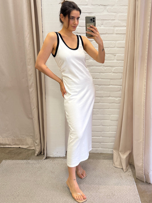 VESTIDO CANELADO BRANCO VIÉS PRETO - M