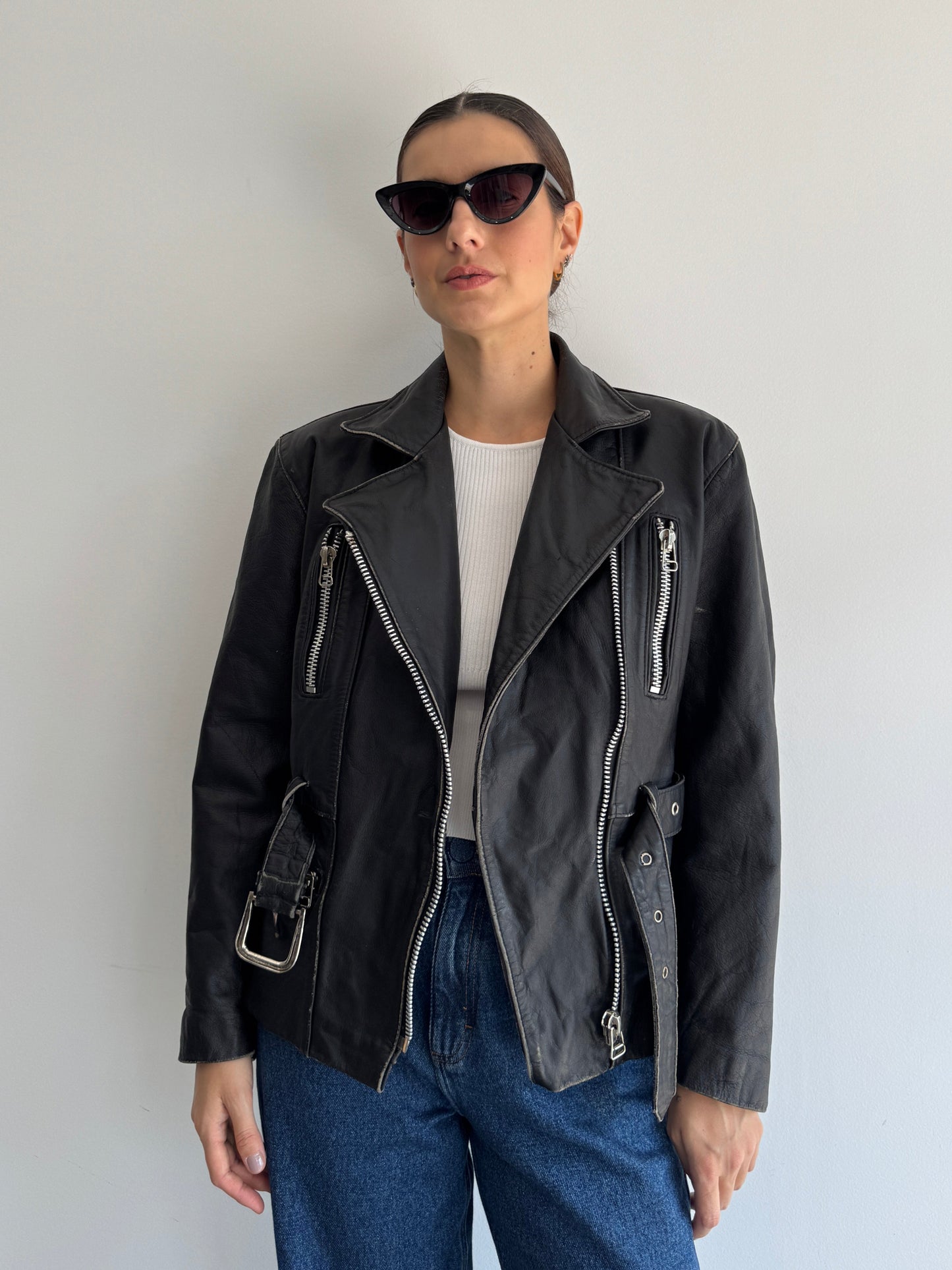 JAQUETA BIKER COURO PRETA - P