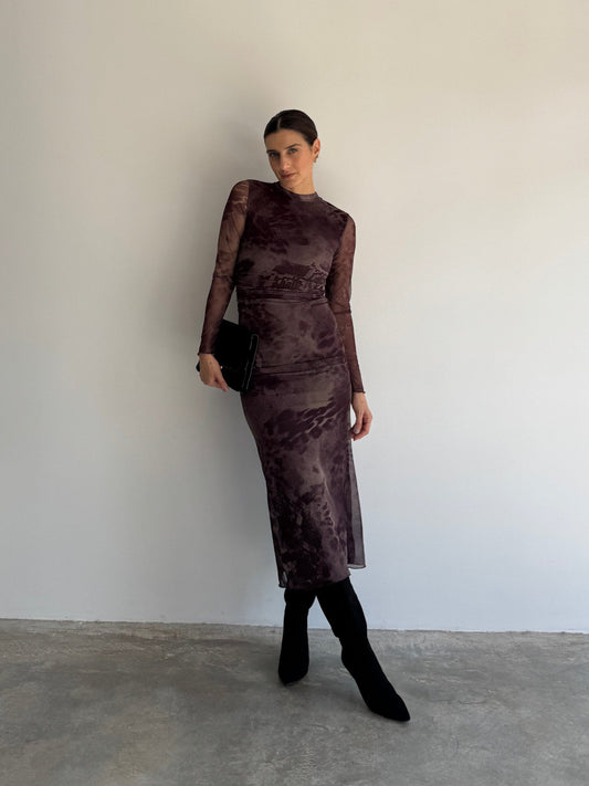 VESTIDO TULE MARROM ANIMAL PRINT - PP